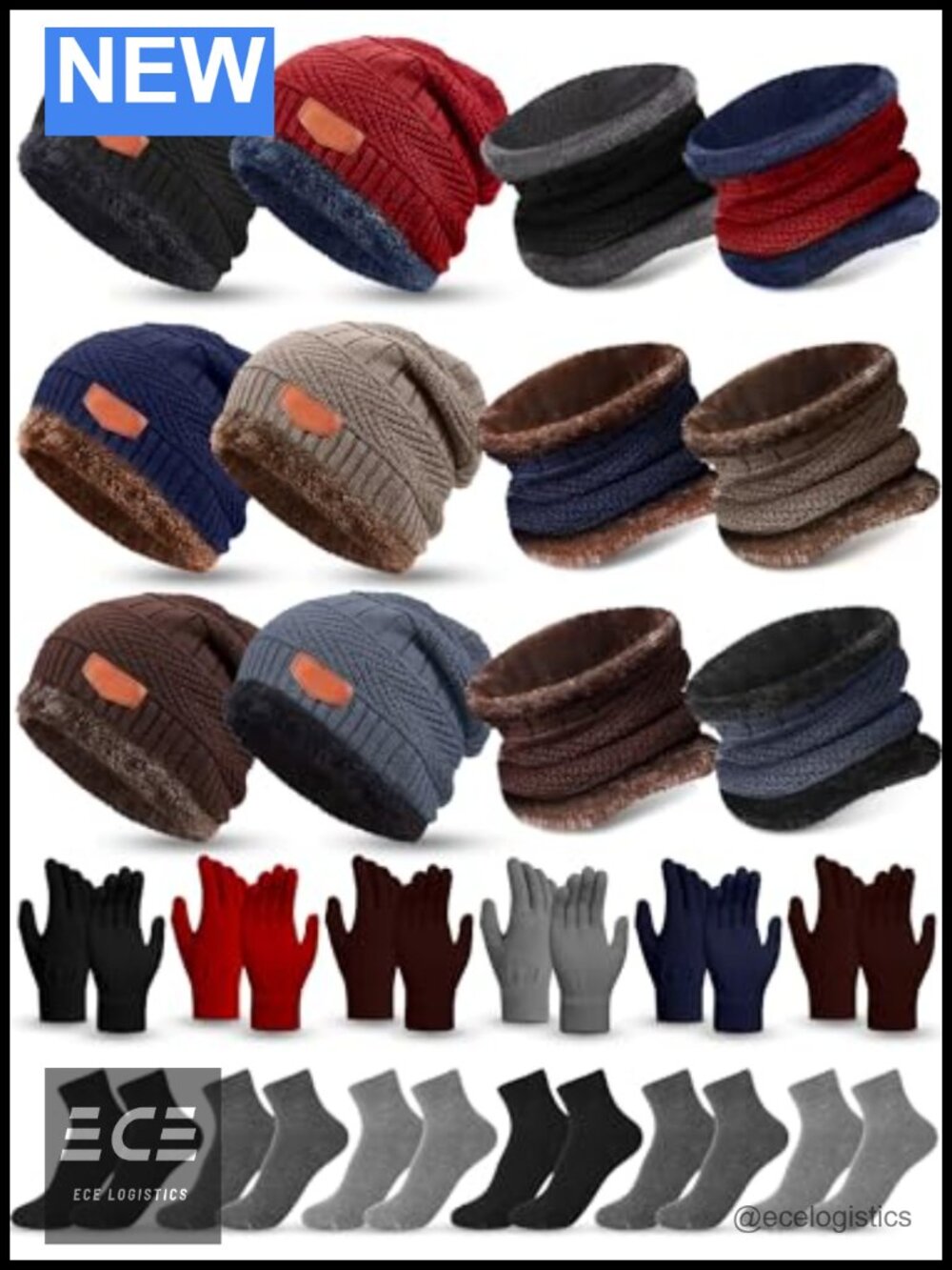 Winter Hat Scarf Gloves Socks Set 24 Pc Acrylic Fleece Lined Knit Beanie Neck